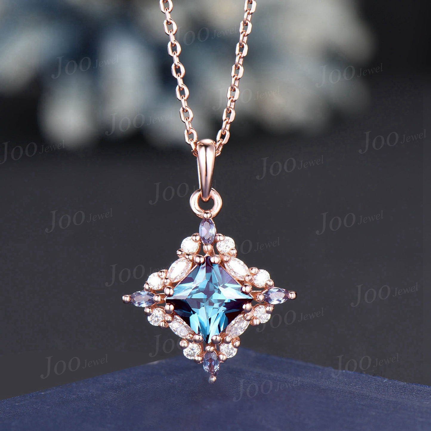 Princess Cut Color-Change Alexandrite Pendant Necklace 14K Rose Gold June Birthstone Wedding Necklace Halo Moissanite Alexandrite Necklaces