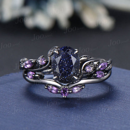 Princess Cut Blue Goldstone Ring Set Nature Inspired Galaxy Blue Sandstone Amethyst Bridal Set Unique Twig Vine Black Gold Wedding Ring Set