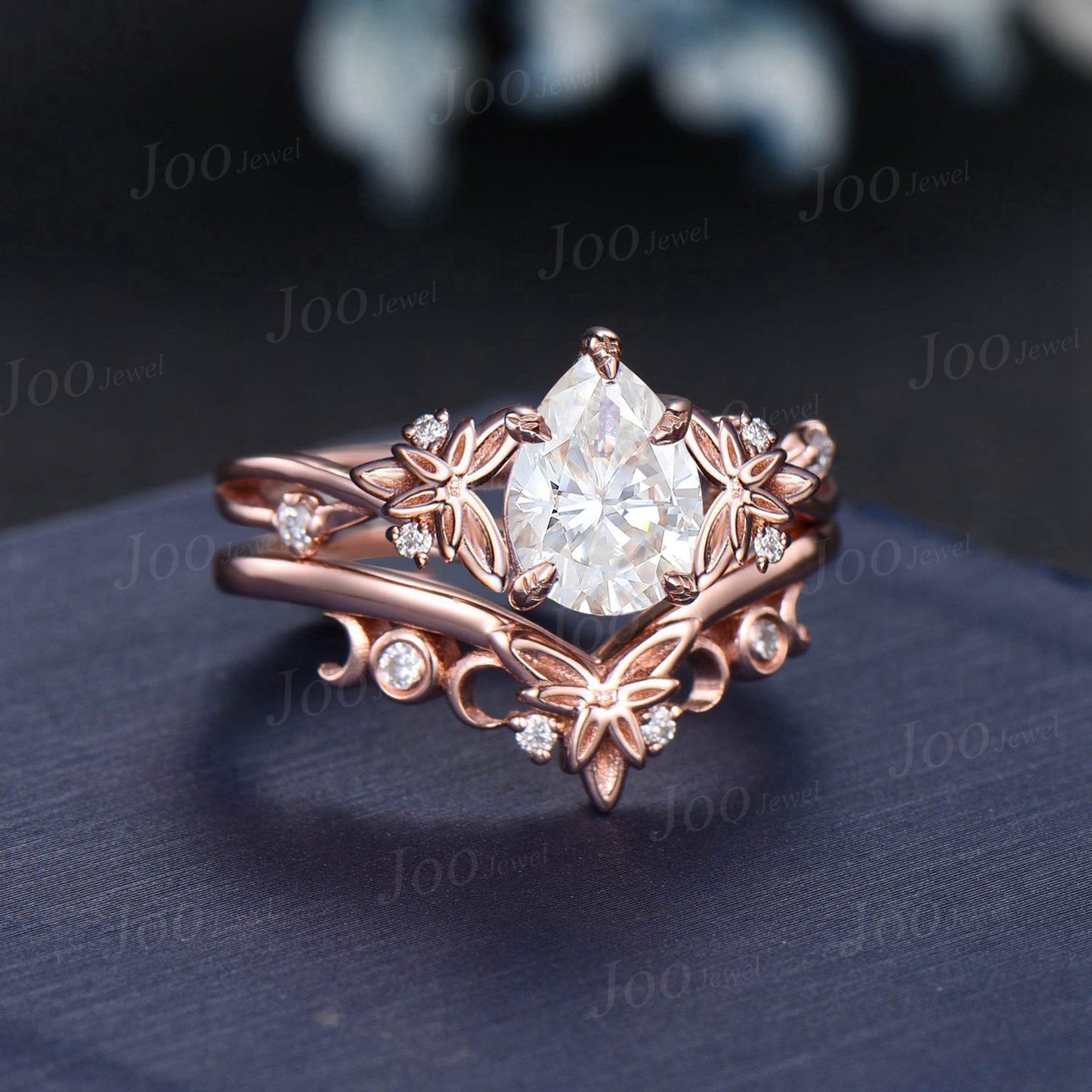 Celtic Branch Twig Vine Moissanite Diamond Bridal Ring Set Nature Inspired Leaf Pear Engagement Ring 14K Rose Gold Trinity Knot Moon Rings