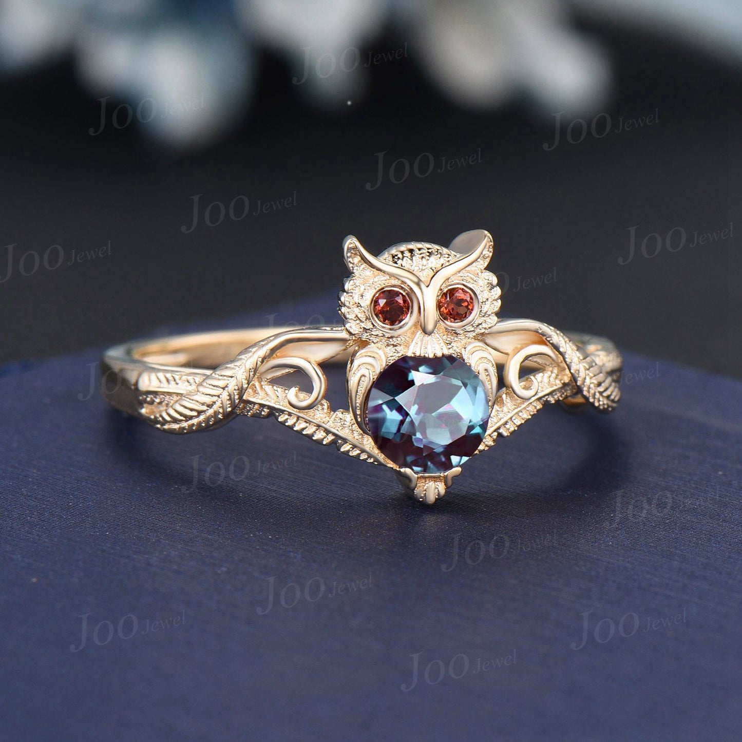 Unique Branch Twig Vine Owl Engagement Ring Round Color-Change Alexandrite Garnet Wedding Ring Nature Inspired Owl Alexandrite Jewelry Women