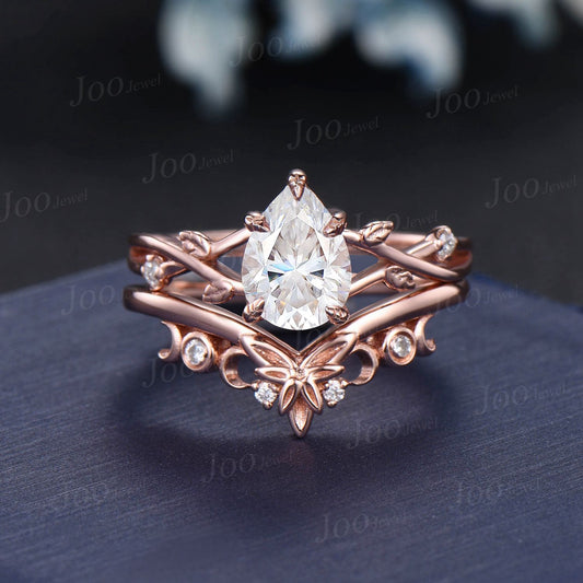 1.25ct Pear Moissanite Diamond Twig Vine Ring Set 14K Rose Gold Nature Inspired Moissanite Engagement Ring Unique Promise Anniversary Rings