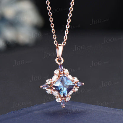 Princess Cut Color-Change Alexandrite Pendant Necklace 14K Rose Gold June Birthstone Wedding Necklace Halo Moissanite Alexandrite Necklaces