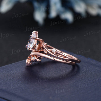 Celtic Branch Twig Vine Moissanite Diamond Bridal Ring Set Nature Inspired Leaf Pear Engagement Ring 14K Rose Gold Trinity Knot Moon Rings