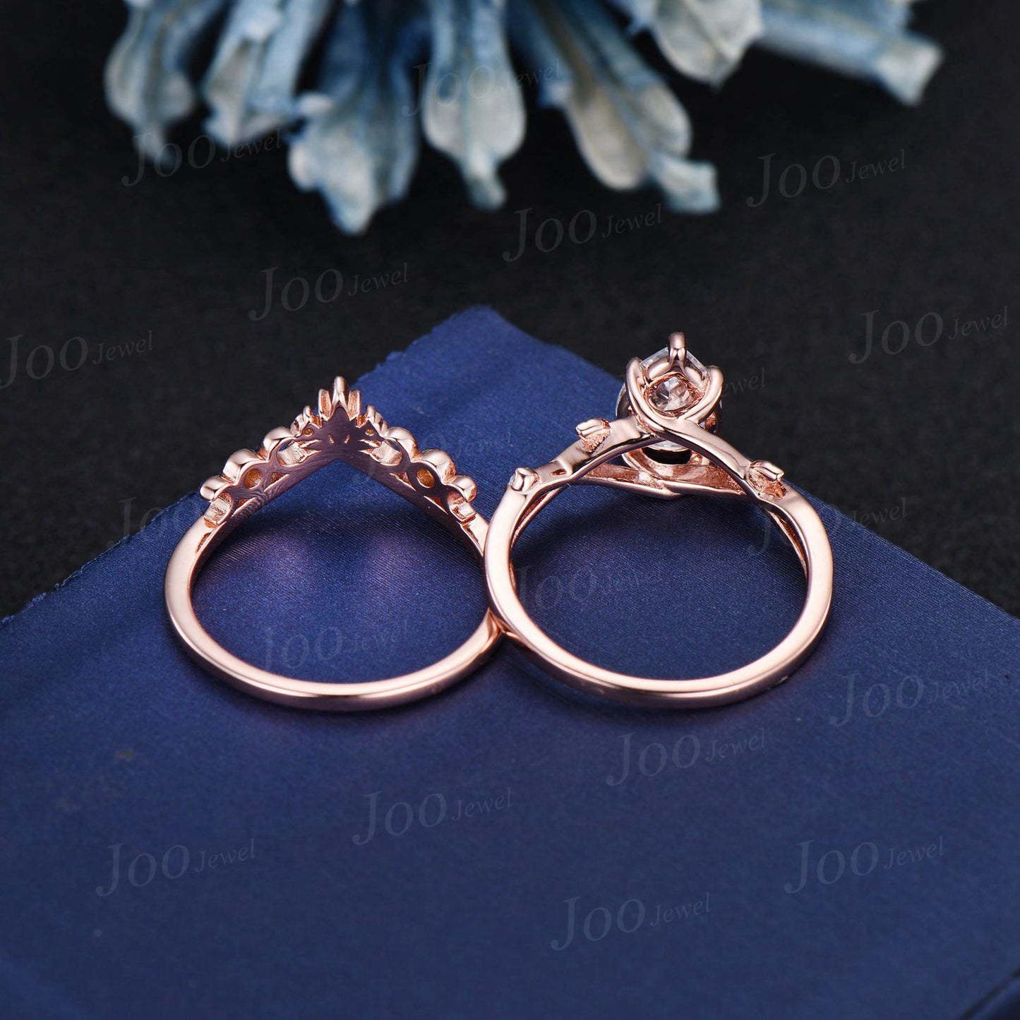 Celtic Branch Twig Vine Moissanite Diamond Bridal Ring Set Nature Inspired Leaf Pear Engagement Ring 14K Rose Gold Trinity Knot Moon Rings