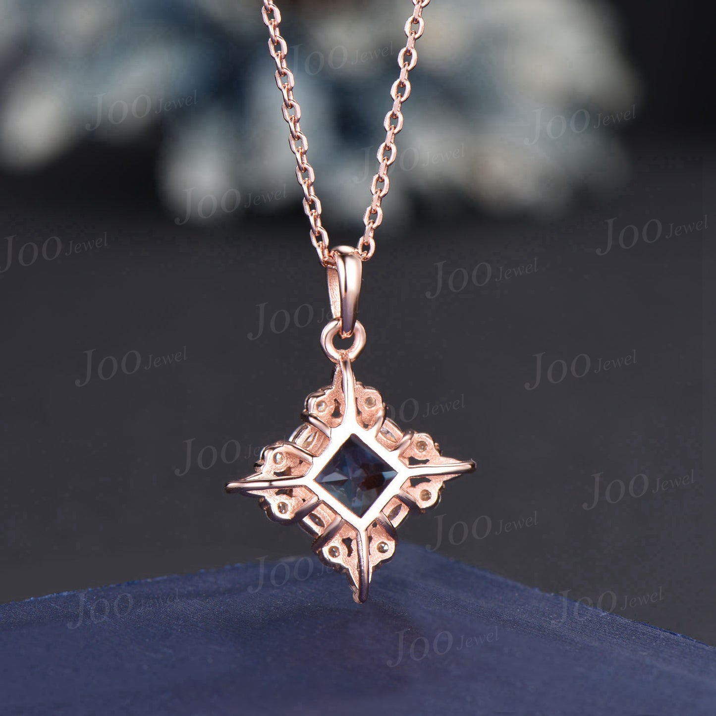 Princess Cut Color-Change Alexandrite Pendant Necklace 14K Rose Gold June Birthstone Wedding Necklace Halo Moissanite Alexandrite Necklaces