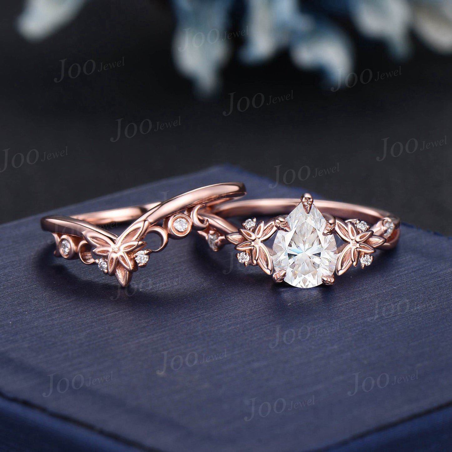 Celtic Branch Twig Vine Moissanite Diamond Bridal Ring Set Nature Inspired Leaf Pear Engagement Ring 14K Rose Gold Trinity Knot Moon Rings
