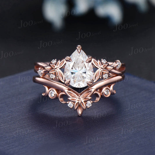 Celtic Branch Twig Vine Moissanite Diamond Bridal Ring Set Nature Inspired Leaf Pear Engagement Ring 14K Rose Gold Trinity Knot Moon Rings