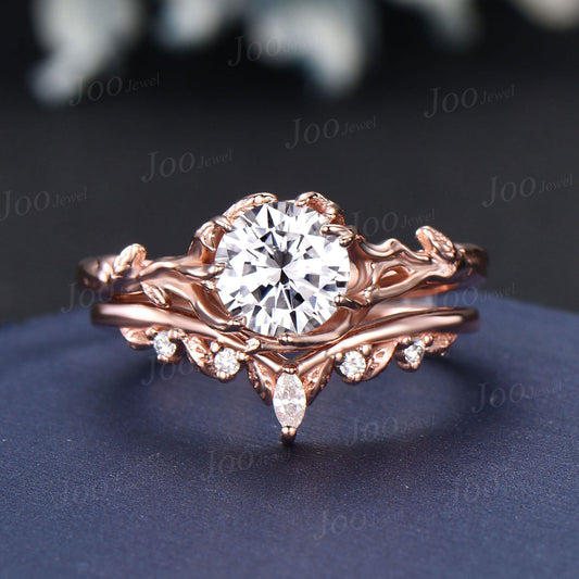 Nature Inspired Textured Twig Vine Bridal Ring 14K Rose Gold Tree Bark Design Round Cut Moissanite Diamond Engagement Ring Set for Women