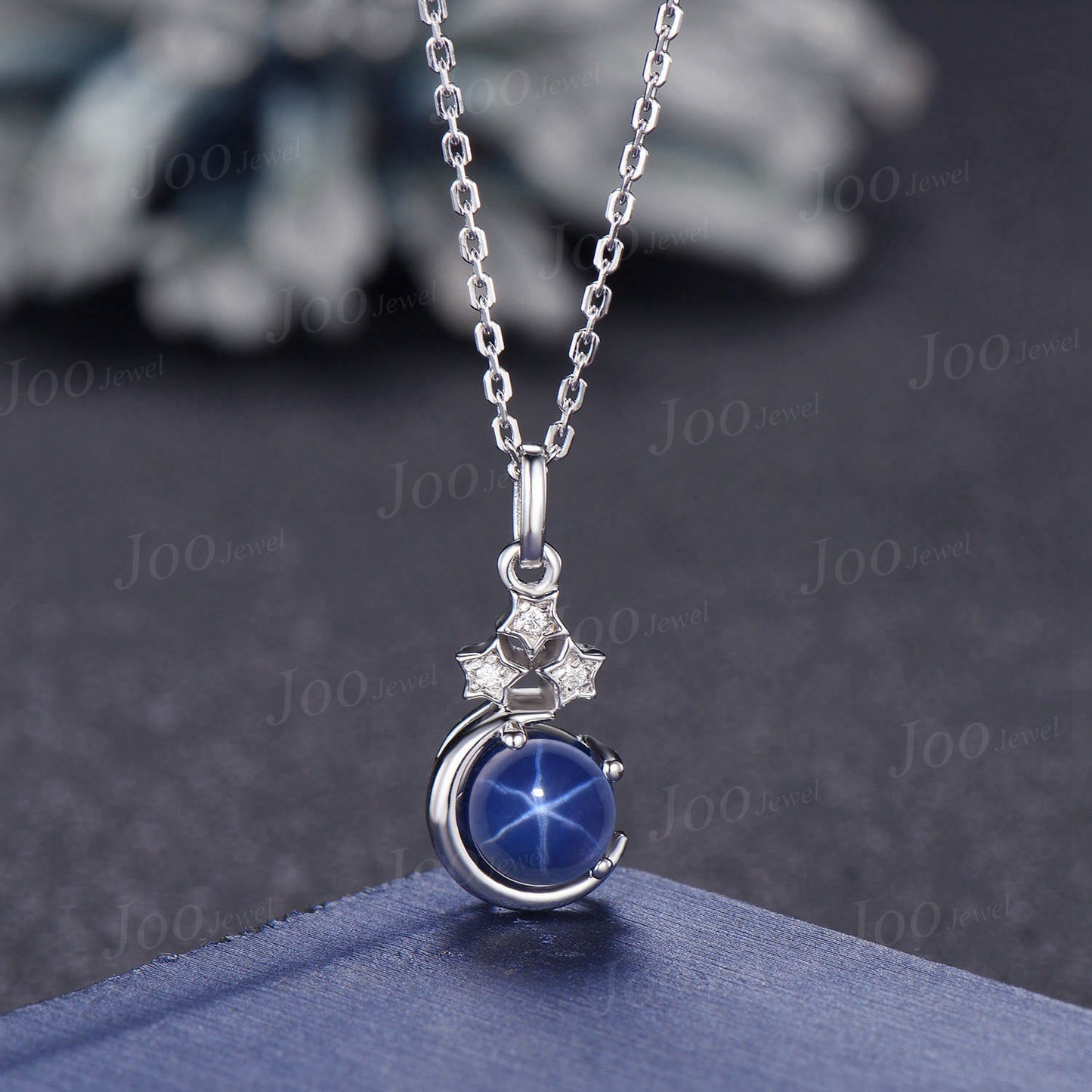 Sterling Silver Moon Star Necklace Round Lindy Star Sapphire Pendant Vintage Gemstone Unique Personalized Anniversary/Birthday Gifts for Her