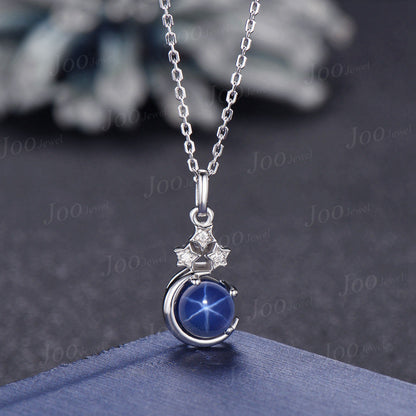 Sterling Silver Moon Star Necklace Round Lindy Star Sapphire Pendant Vintage Gemstone Unique Personalized Anniversary/Birthday Gifts for Her