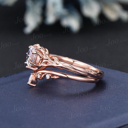 Nature Inspired Textured Twig Vine Bridal Ring 14K Rose Gold Tree Bark Design Round Cut Moissanite Diamond Engagement Ring Set for Women