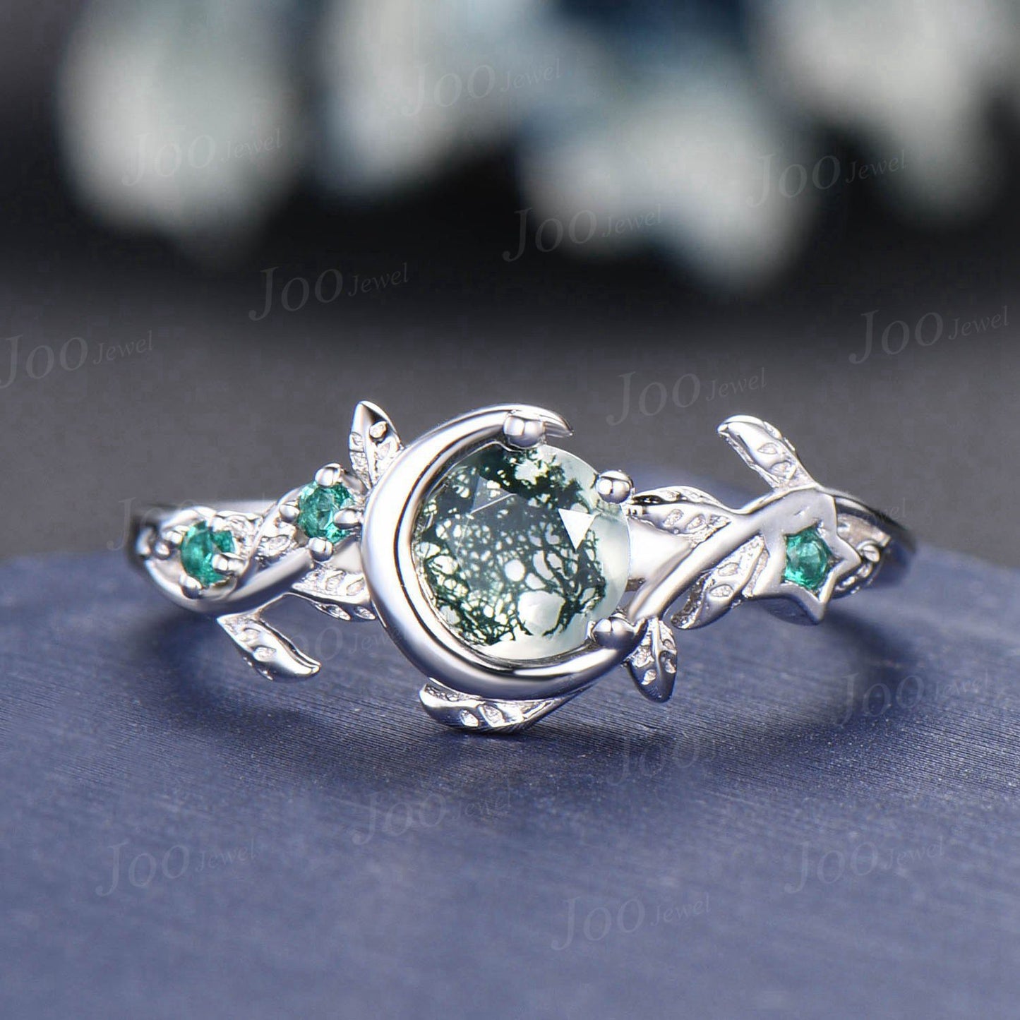 Moon Star Design Natural Moss Agate Ring Necklace Set Vintage 5mm Round Moss Agate Promise Ring Green Emerald Leaf Bridal Set for Women