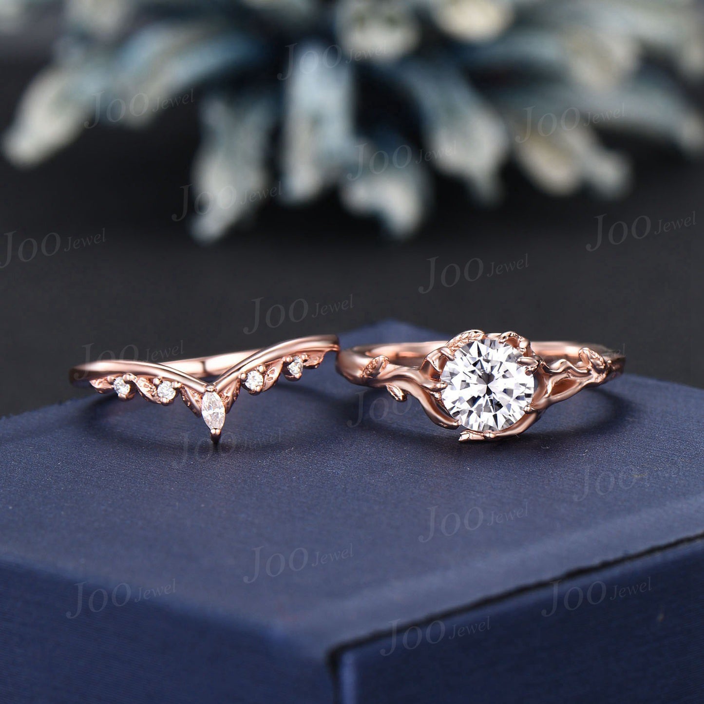 Nature Inspired Textured Twig Vine Bridal Ring 14K Rose Gold Tree Bark Design Round Cut Moissanite Diamond Engagement Ring Set for Women