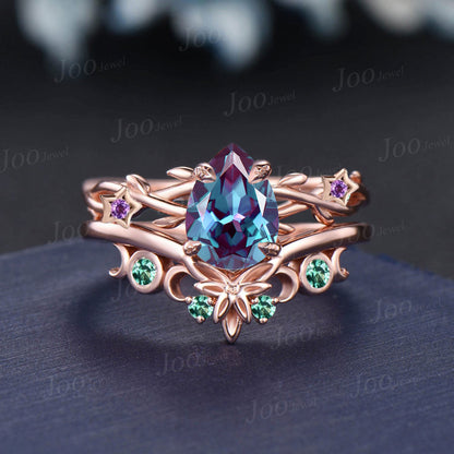 Twisted Twig Vine Alexandrite Amethyst Wedding Ring Set 1.25ct Pear Engagement Ring Rose Gold Trinity Celtic Knot Moon Green Emerald Band