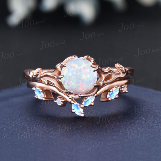 Twig Vine White Fire Opal Solitaire Wedding Rings 14K Rose Gold Moonstone Ring Set Tree Bark Nature Themed Round Opal Bridal Set for Women