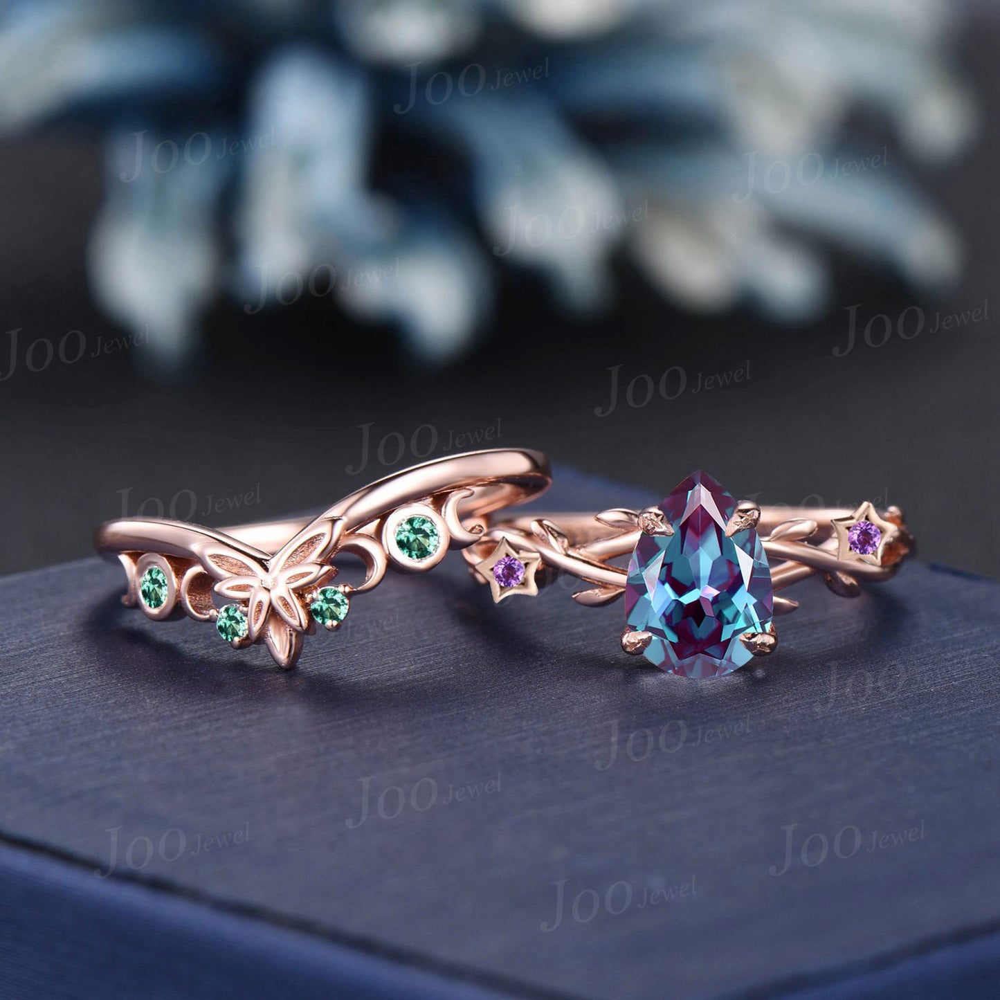 Twisted Twig Vine Alexandrite Amethyst Wedding Ring Set 1.25ct Pear Engagement Ring Rose Gold Trinity Celtic Knot Moon Green Emerald Band