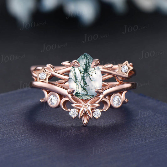 Twist Twig Vine Moss Agate Diamond Moon Star Ring Set 1.25ct Pear Moss Agate Engagement Ring Set Nature Inspired Aquatic Agate Bridal Ring