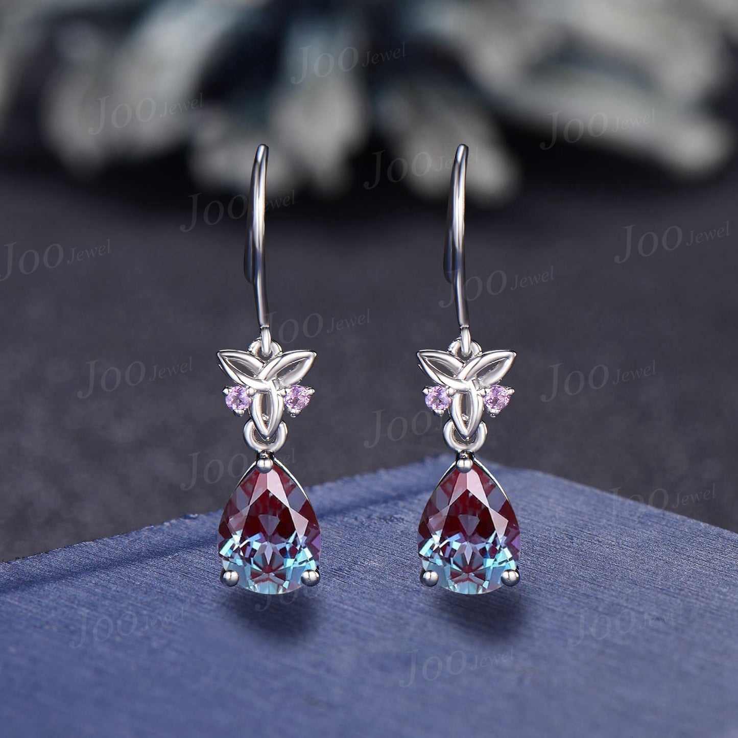 Celtic Trinity Knot Color-Change Alexandrite Drop Earrings Pear Alexandrite Amethyst Earrings Rose Gold Gemstone Dangle Earrings for Women