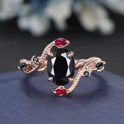 Unique Gothic Natural Black Onyx Garnet Snake Engagement Ring Vintage 14K Rose/Black Gold Nature Inspired Leaf Oval Wedding Ring for Women