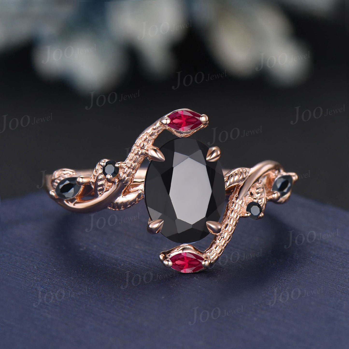 Unique Gothic Natural Black Onyx Garnet Snake Engagement Ring Vintage 14K Rose/Black Gold Nature Inspired Leaf Oval Wedding Ring for Women