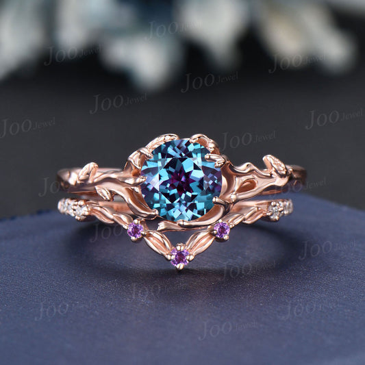 Nature Inspired Color-Change Alexandrite Solitaire Ring Twig Vine Round Alexandrite Amethyst Ring Set Tree Bark Nature Themed Wedding Ring