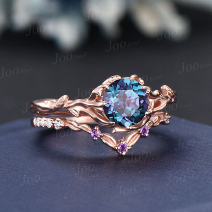 Nature Inspired Color-Change Alexandrite Solitaire Ring Twig Vine Round Alexandrite Amethyst Ring Set Tree Bark Nature Themed Wedding Ring