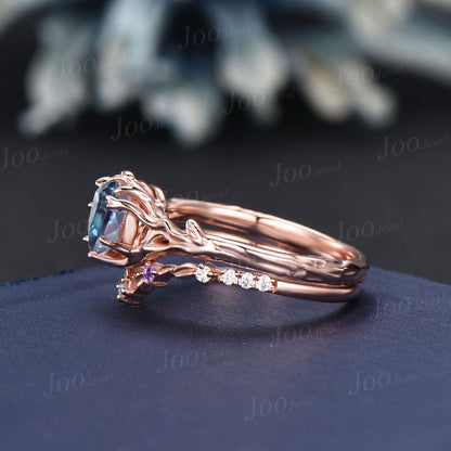 Nature Inspired Color-Change Alexandrite Solitaire Ring Twig Vine Round Alexandrite Amethyst Ring Set Tree Bark Nature Themed Wedding Ring