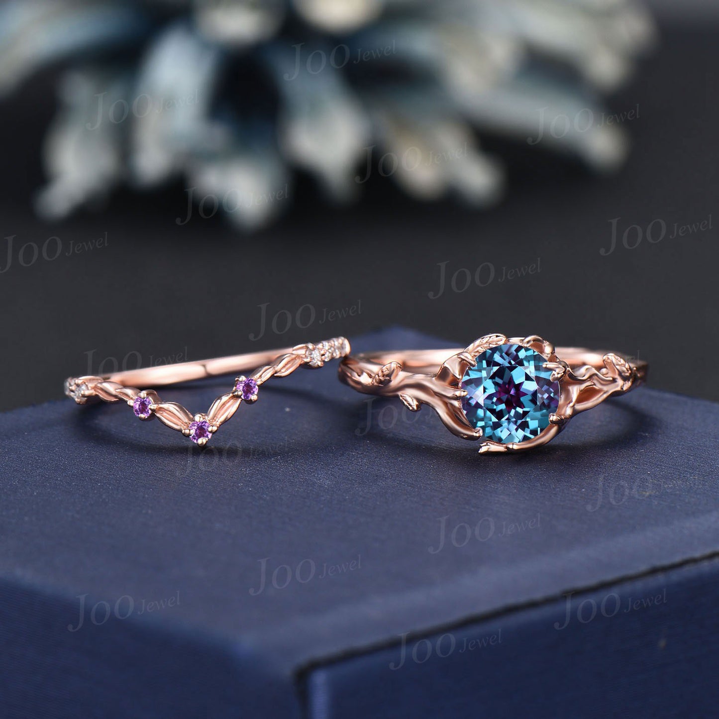 Nature Inspired Color-Change Alexandrite Solitaire Ring Twig Vine Round Alexandrite Amethyst Ring Set Tree Bark Nature Themed Wedding Ring