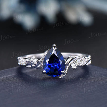 1.25ct Twig Vine Nature Inspired Blue Sapphire Engagement Ring 14K White Gold Pear Wedding Ring Leaf Bridal Set September Birthstone Gifts