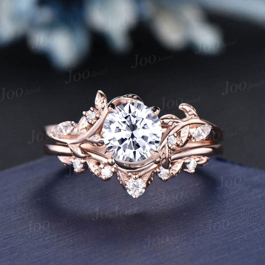 Round Cut Lab Grown Diamond Leaf Engagement Ring with IGI Certificate 14K Rose Gold Round Diamond Bypass Nature Wedding Bridal Ring Women