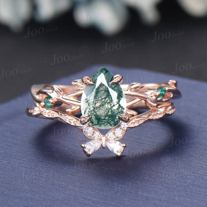 1.25ct Nature Inspired Pear Shaped Natural Moss Agate Twig Engagement Ring Set Green Emerald Branch Vine Butterfly Moissanite Wedding Band