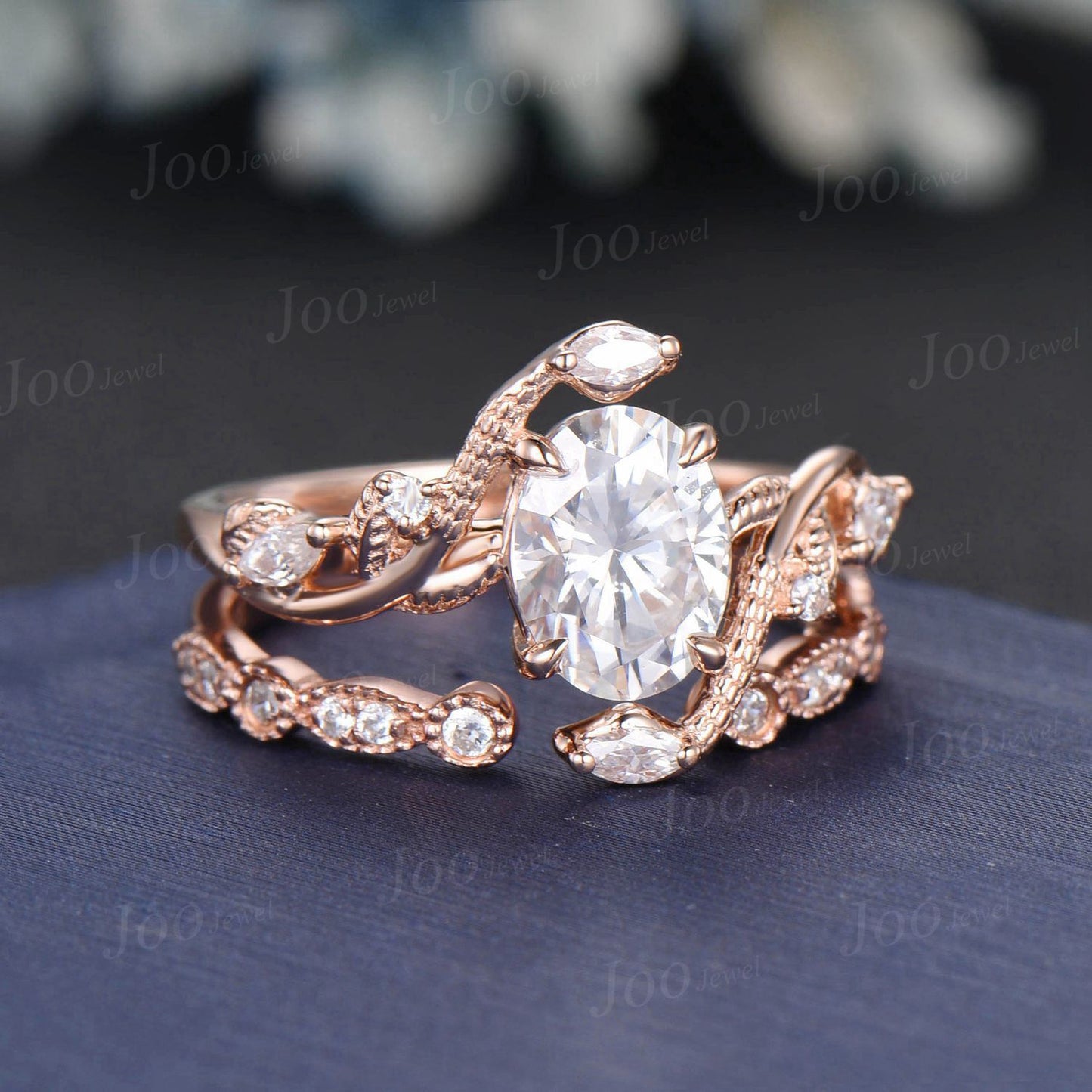 Double Snake Diamond Ring,Antique Snake Bridal Ring,Wiccan Ring Serpent Leaf Nature Ring 14k Rose Gold,Gothic Oval Moissanite Wedding Ring