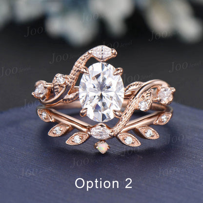 Double Snake Diamond Ring,Antique Snake Bridal Ring,Wiccan Ring Serpent Leaf Nature Ring 14k Rose Gold,Gothic Oval Moissanite Wedding Ring