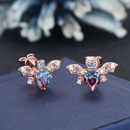 Teardrop Alexandrite Stud Earrings Solid 14k Gold Moon Star Diamond Bat Earrings Antique Gothic June Birthstone Gemstone Earrings For Women