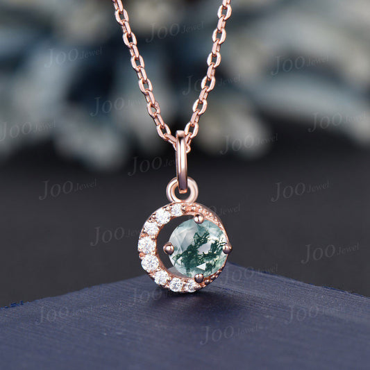 Dainty 5mm Round Cut Natural Moss Agate Pendant Necklace Silver/14K Solid Gold Green Gemstone Wedding Necklace Unique Celestial Moon Jewelry