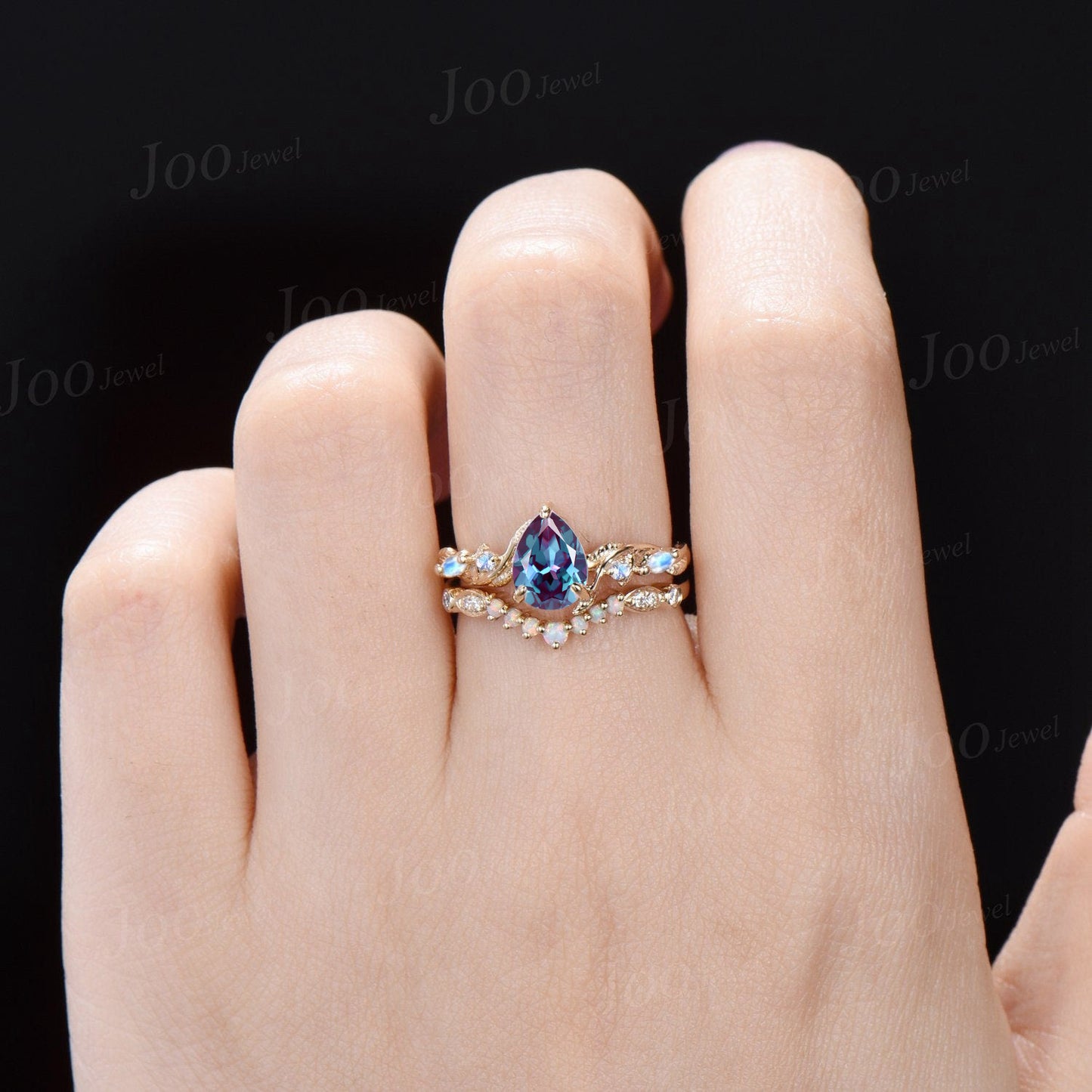 Twig Vine Color-Change Alexandrite Moonstone Ring Set 10K Gold 1.25ct Nature Inspired Pear Alexandrite Engagement Rings Opal Wedding Band