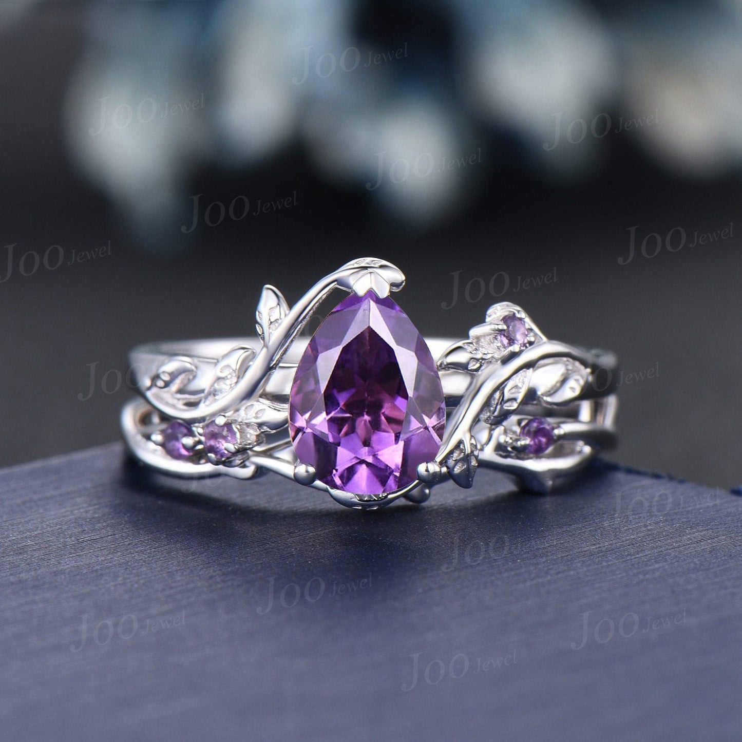 Nature Inspired Amethyst Leaf Ring Set 10K White Gold 1.25ct Pear Cut Natural Amethyst Crystal Set Unique February Birthstone Birthday Gift