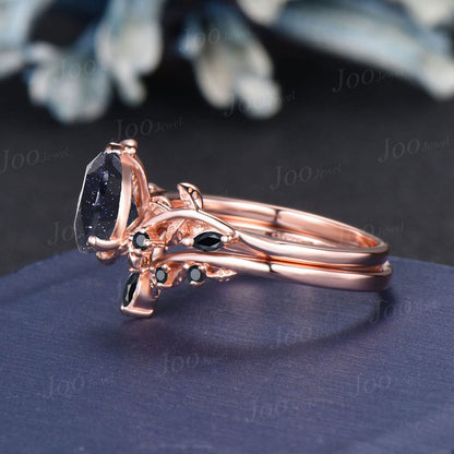 1.25ct Pear Cut Galaxy Starry Sky Blue Sandstone Engagement Ring Set 14K Rose Gold Leaf Branch Nature Inspired Black Wedding Ring for Women