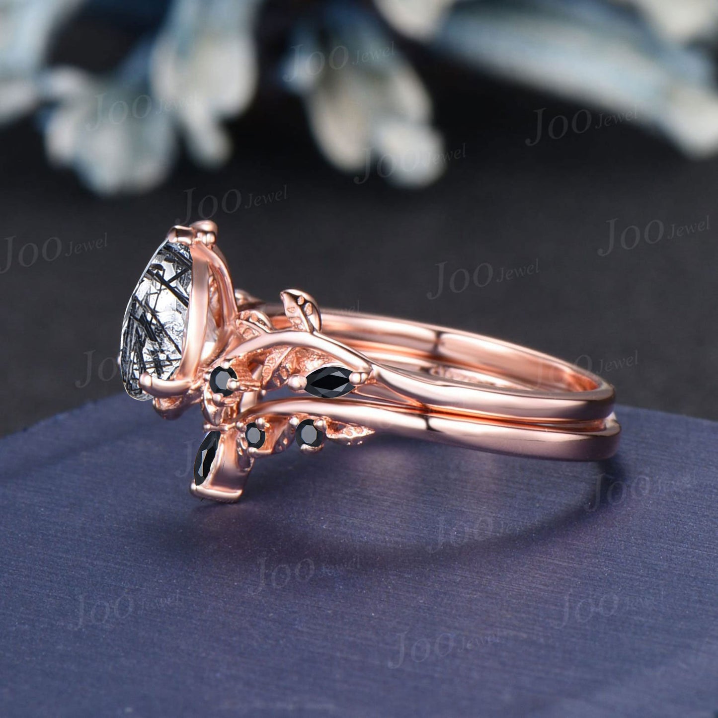 Antique Natural Black Rutilated Quartz Pear Engagement Ring Leaf Nature Inspired Black Spinel Diamond Ring Women Art Deco Black Promise Ring