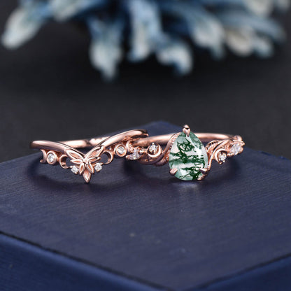 Art Deco Pear Cut Leaf Vine Twig Natural Green Moss Agate Crescent Moon Engagement Ring Set 14K Rose Gold Branch Trinity Knot Wedding Ring