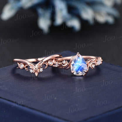 Pear Natural Moonstone Diamond Crescent Moon Engagement Ring 14K Rose Gold Nature Inspired Celtic Ring For Women June Birthstone Bridal Ring