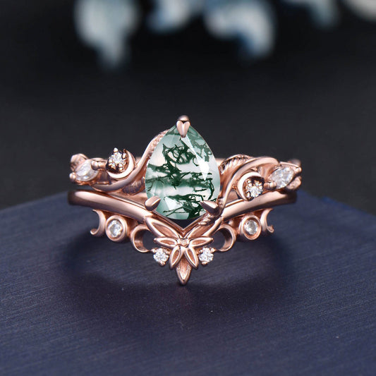 Art Deco Pear Cut Leaf Vine Twig Natural Green Moss Agate Crescent Moon Engagement Ring Set 14K Rose Gold Branch Trinity Knot Wedding Ring