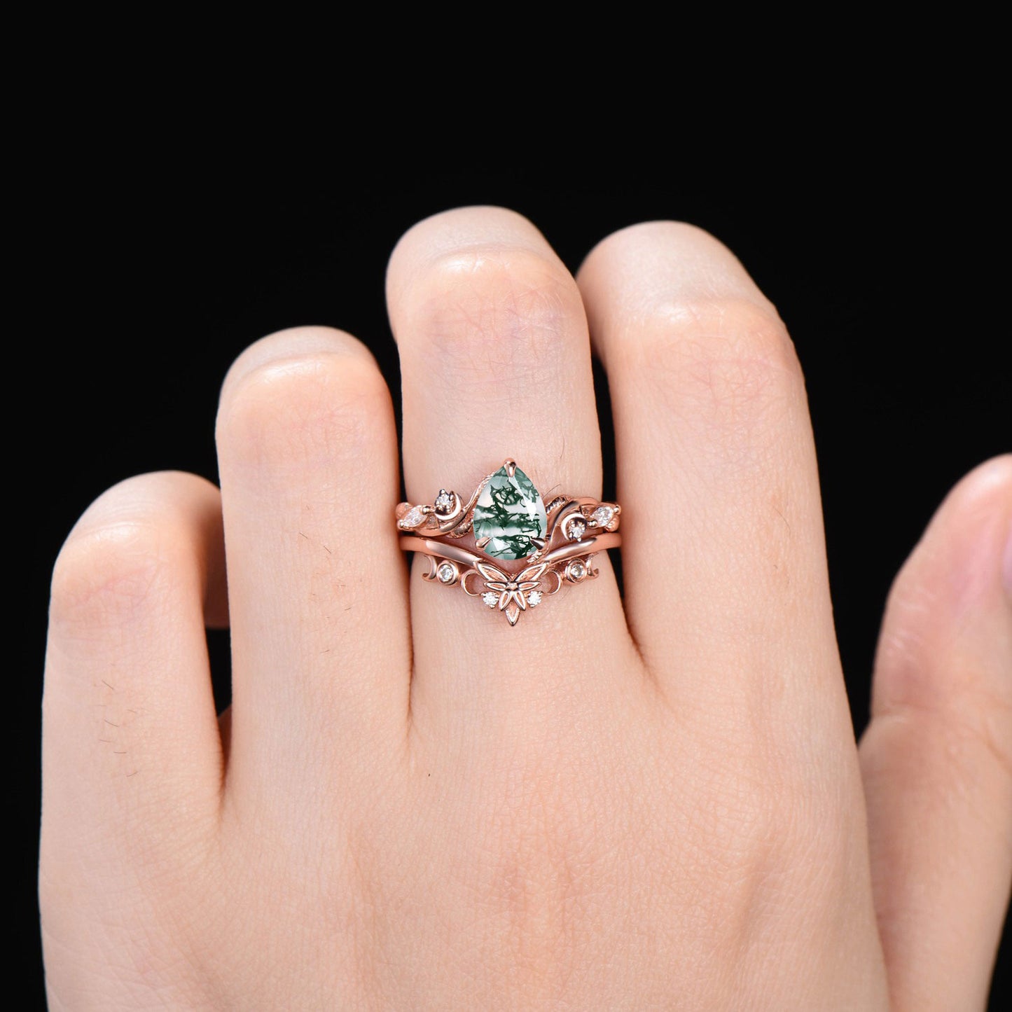 Art Deco Pear Cut Leaf Vine Twig Natural Green Moss Agate Crescent Moon Engagement Ring Set 14K Rose Gold Branch Trinity Knot Wedding Ring