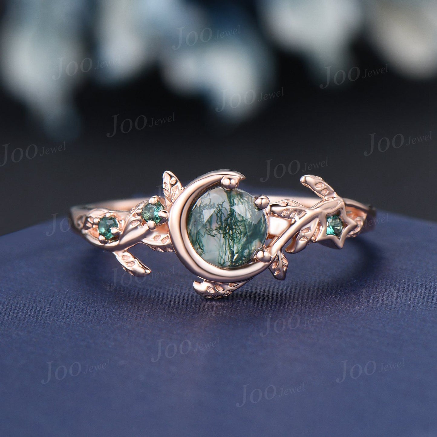 Crescent Moon Natural Green Moss Agate Emerald Engagement Ring Vintage 5mm Round Moss Agate Nature Inspired Bridal Set Bypass Wedding Rings