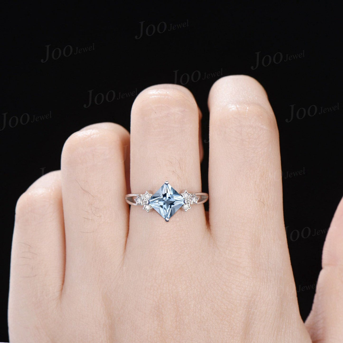 7mm Princess Cut Natural Aquamarine Diamond Wedding Ring March Birthstone Birthday Gift 14K White Gold Split Shank Cluster Star Promise Ring