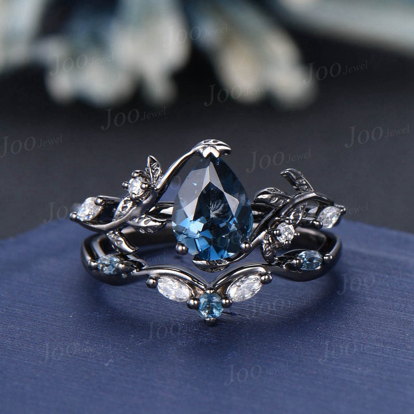 1.25ct Pear Cut Natural London Blue Topaz Black Gold Engagement Ring Set Diamond Leaf Branch Wedding Ring Unique December Birthstone Gifts