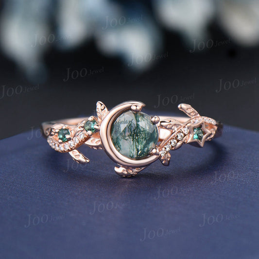 Entangled Vines Natural Green Moss Agate Emerald Ring Vintage 5mm Round Moss Agate Moon Star Engagement Ring Leaf Half Eternity Promise Ring