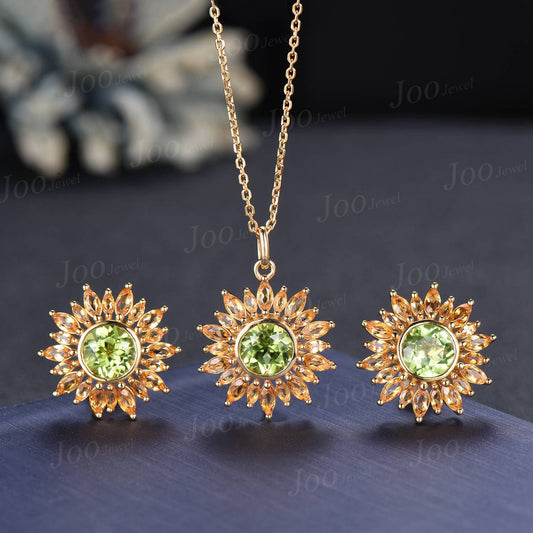 Sunflower Stud Earrings | Round Cut Natural Peridot Citrine Halo Earrings in 9K Gold | Dainty August Birthstone Birthday Gifts for Women