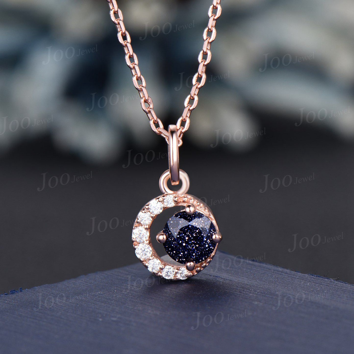 Dainty Round Blue Sandstone Pendant Necklace Silver/14K Yellow Gold Starry Sky Blue Goldstone Wedding Necklace Unique Celestial Moon Jewelry