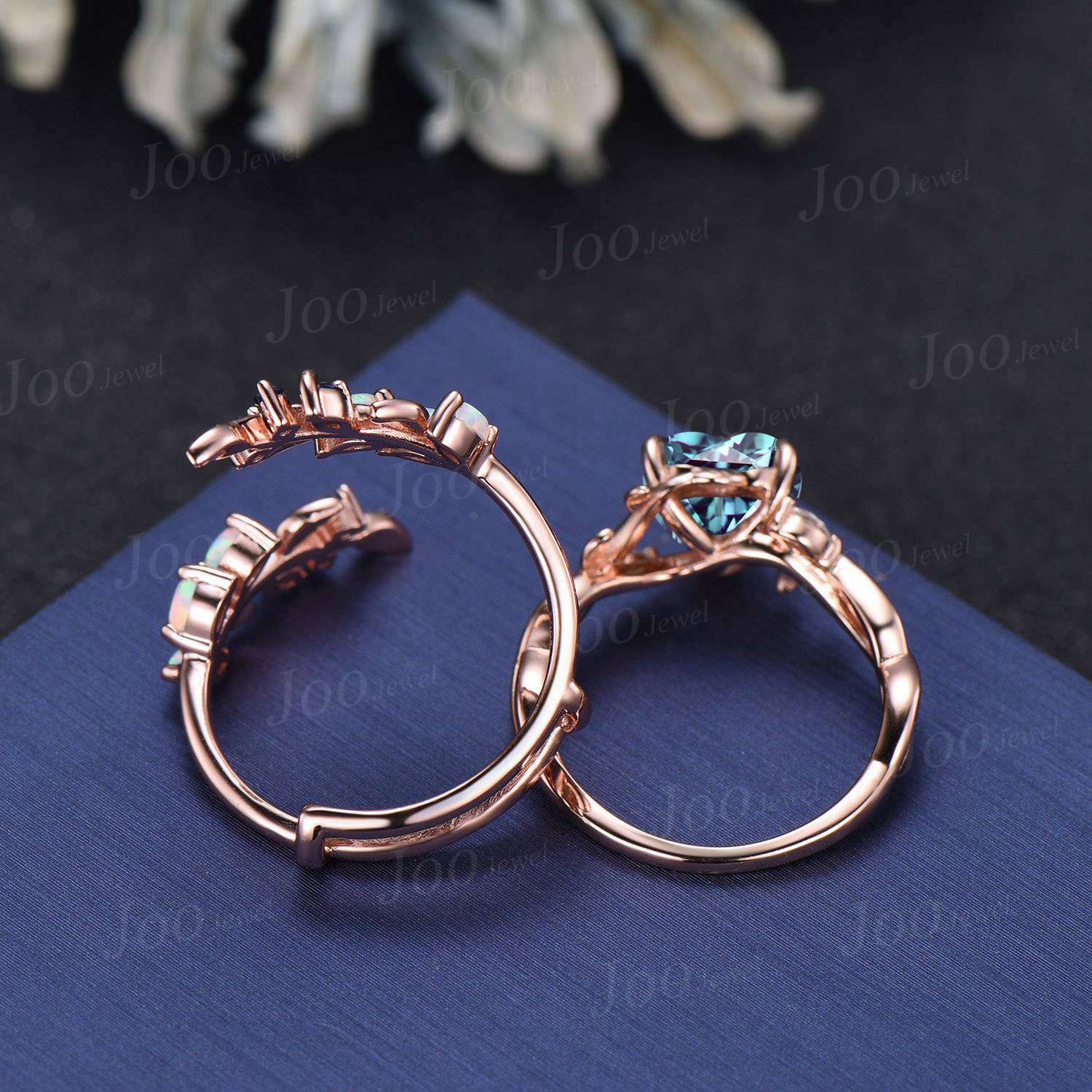 Black Ring Set Nature Inspired Color-Change Alexandrite Amethyst Bridal Set Twig Vine Pear Alexandrite Engagement Ring June Birthstone Gifts (Copy)